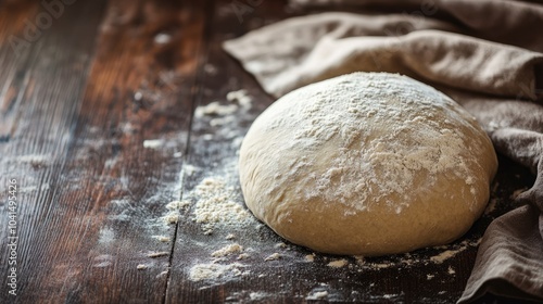 Freshly made yeast dough for nutritious homemade bread displayed on a dark brown wooden surface