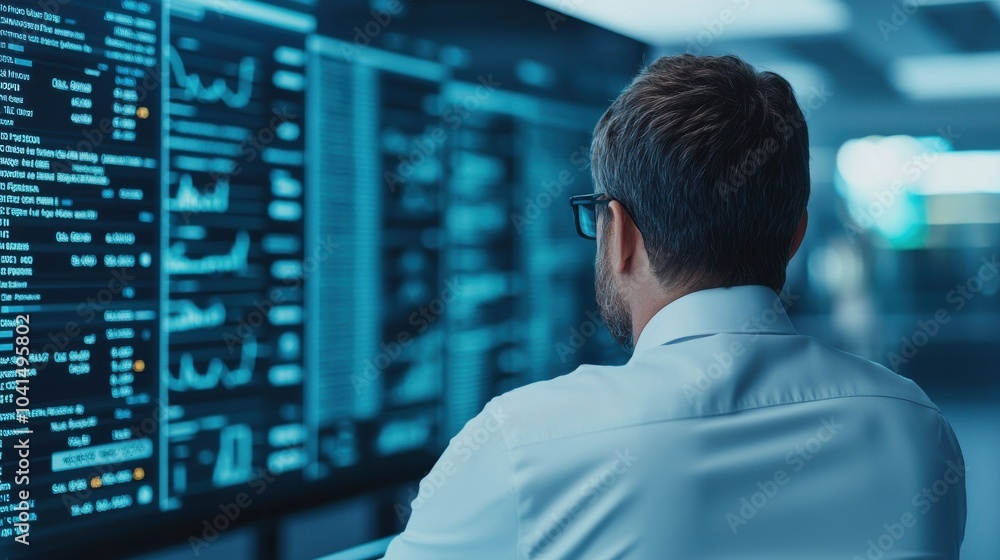 A professional analyzing data on multiple screens, focused on complex financial charts and metrics in a modern office setting. A professional analyzing data on multiple screens, focused on complex financial charts and metrics in a modern office setting.