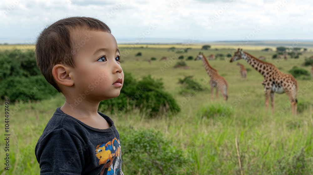 Japanese little boy with giraffe on wildlife savannah safari park africa Japanese little boy with giraffe on wildlife savannah safari park africa