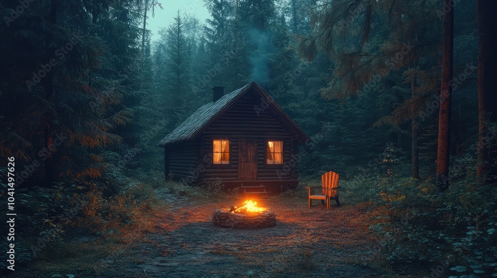 Small rustic cabin surrounded by dense forest and a fire pit, 8k, realistic, full ultra HD, high resolution, cinematic photography Small rustic cabin surrounded by dense forest and a fire pit, 8k, realistic, full ultra HD, high resolution, cinematic photography