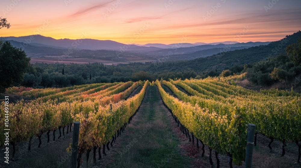 Fototapeta premium A sweeping vista of a vibrant vineyard during dusk