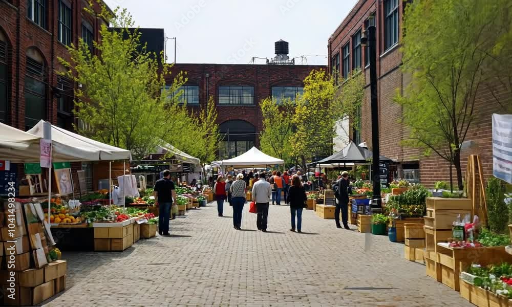 Urban Farmers Market Between Brick Buildings Urban Farmers Market Between Brick Buildings