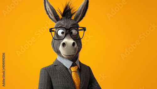 Un âne anthropomorphe portant des lunettes et vêtu d'une tenue de travail, sur fond orange, personnage excentrique avec un style de portrait fantaisiste, image avec espace pour texte. photo