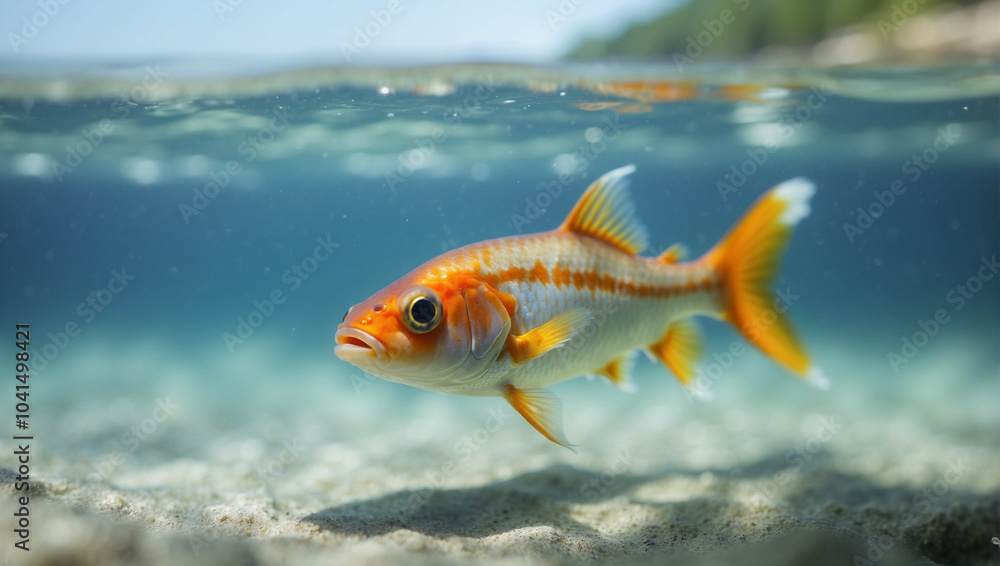 A lone small fish swims in crystal clear water near a sandy bottom A lone small fish swims in crystal clear water near a sandy bottom