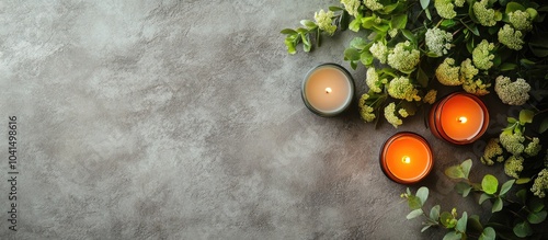 A Composition Of Green Bouquet And Candles In The Corner On Grey Stone Backround