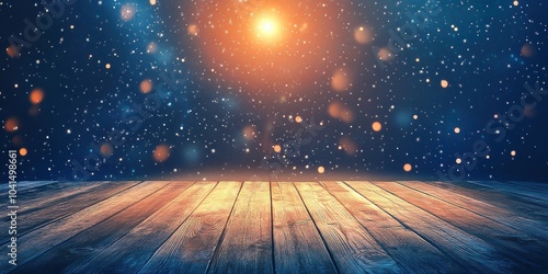 Des flocons de neige tombant sur un sol en bois, un fond dégradé bleu et orange, effet bokeh et des étoiles dans le ciel. photo