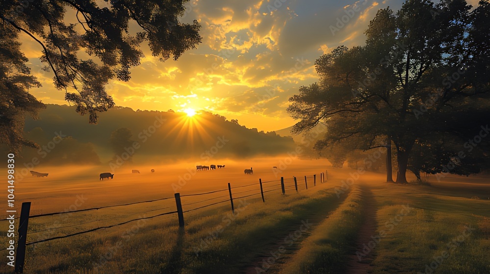 Obraz premium A beautiful sunrise over a grassy field with cattle grazing in the distance. The sun shines through the morning mist, creating a warm glow over the landscape.