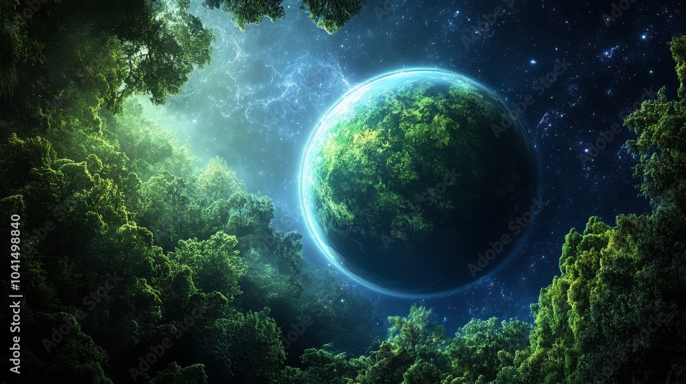 Lush Green Planet in Starry Space Environment Lush Green Planet in Starry Space Environment