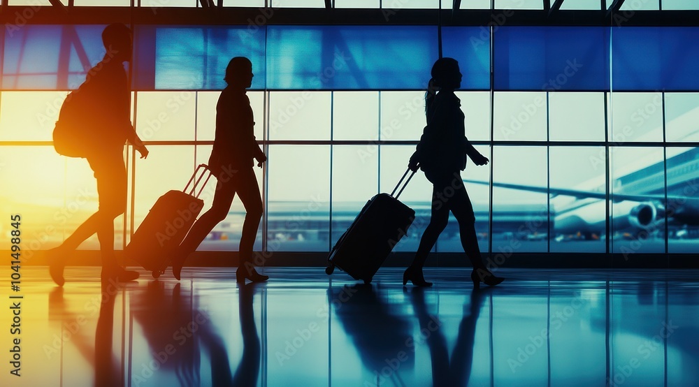 Des silhouettes de personnes marchant avec bagages et valises dans le hall d'un aéroport, coucher de soleil avec fond flou, concept de voyage d'affaires. Des silhouettes de personnes marchant avec bagages et valises dans le hall d'un aéroport, coucher de soleil avec fond flou, concept de voyage d'affaires.