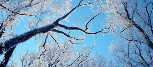 Tree Branches Bent Under Weight Of Ice With Blue Sky And Glowing Icy Trees In Background photo