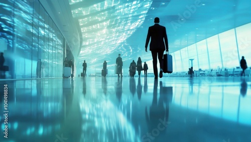 Des silhouettes de personnes marchant avec bagages et valises dans le hall d'un aéroport, avec un fond flou, concept de voyage d'affaires. photo