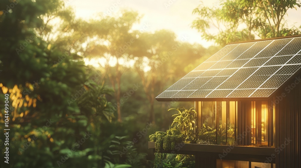 Obraz premium Sustainable urban house with rooftop solar panels and modern architecture, 8k, realistic, full ultra HD, high resolution, cinematic photography