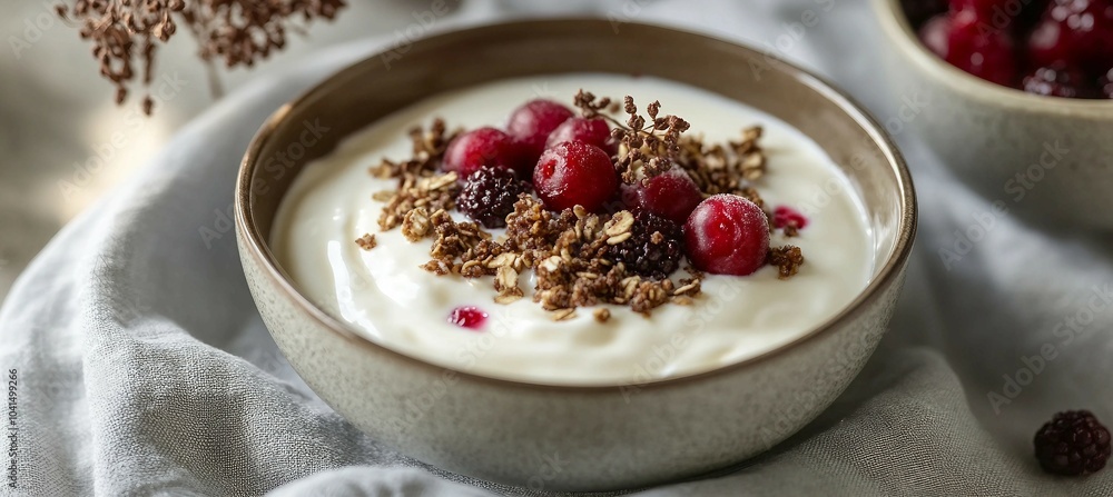 Close-up of a bowl of yogurt with granola and fresh berries Close-up of a bowl of yogurt with granola and fresh berries