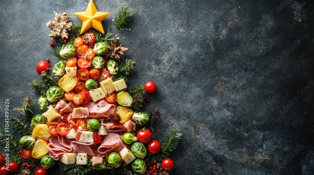 Festive tree crafted from puff pastries cheese ham tomatoes and Brussels sprouts topped with a star Christmas themed food image with ample copy space Festive tree crafted from puff pastries cheese ham tomatoes and Brussels sprouts topped with a star Christmas themed food image with ample copy space