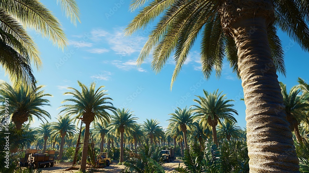 Fototapeta premium A wide shot of a man standing on a ladder, reaching into a palm tree to harvest dates, with rows of palm trees and farm equipment in the distance, under a clear blue sky.