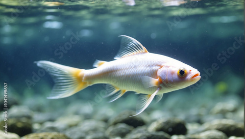 A white fish swims in clear water