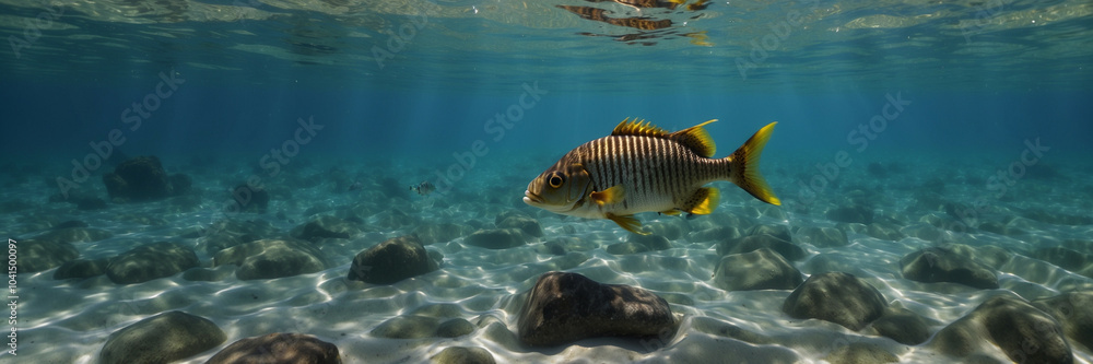 Close up view of a fish, panorama, underwater banner with copy space Close up view of a fish, panorama, underwater banner with copy space