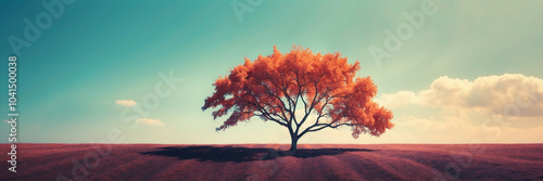 A lone tree stands tall against a vibrant blue sky