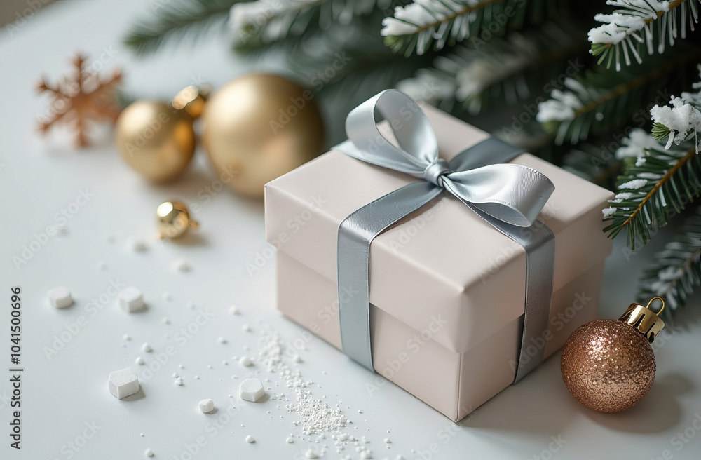 Elegant christmas gift box with silver bow under festive tree Elegant christmas gift box with silver bow under festive tree