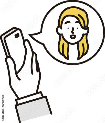 吹き出しと女性ビジネスマンの顔のアイコンとスマートフォンを持っている手元のシンプルなイラスト素材