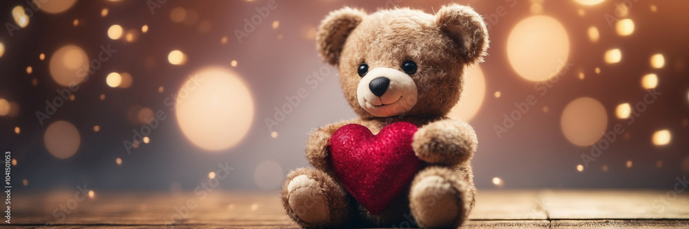 Cute teddy bear holding a plush heart against a sparkling bokeh background at night Cute teddy bear holding a plush heart against a sparkling bokeh background at night
