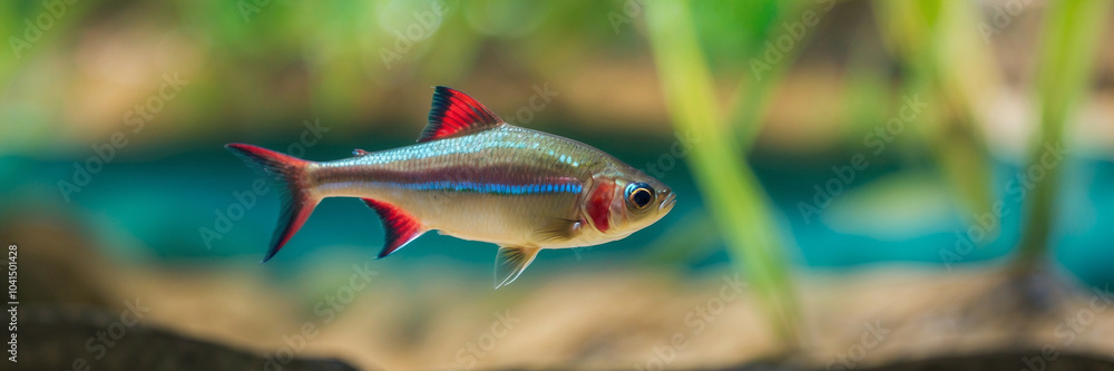 neon tetra fish, tropical fish on panoramic water background, underwater banner with copy space neon tetra fish, tropical fish on panoramic water background, underwater banner with copy space