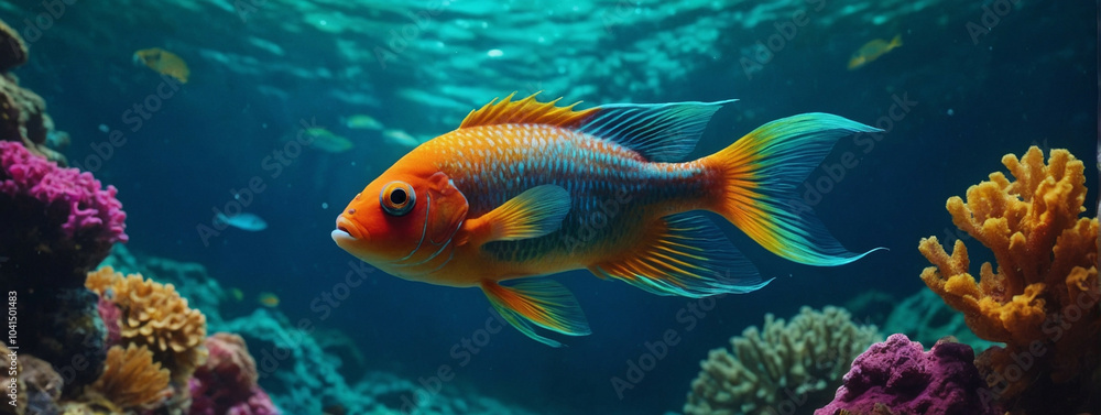 Fototapeta premium colorful fish in clear water, panorama, underwater web banner with copy space