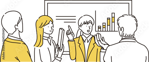 笑顔で話し合う複数人のビジネスマンの打ち合わせ、ミーティングのビジネスイメージのシンプルなイラスト素材