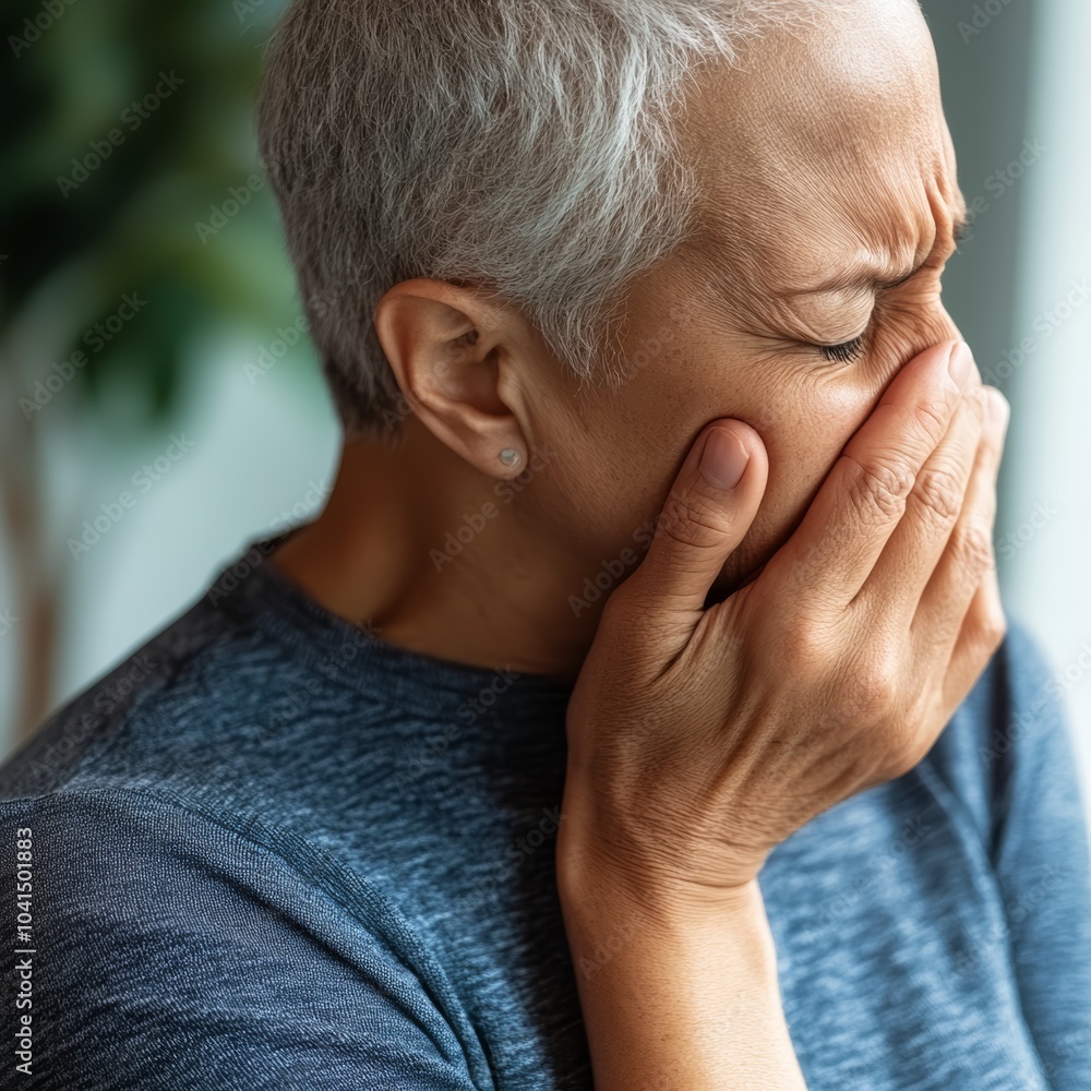 Fototapeta premium Grieving elderly woman with short grey hair expresses deep sorrow while covering her face.