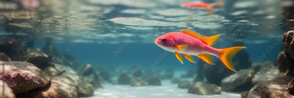 anthias fish, tropical fish on panoramic water background, underwater web banner with copy space anthias fish, tropical fish on panoramic water background, underwater web banner with copy space