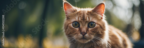 Surprised cat with big eyes gazes curiously in a vibrant outdoor setting photo