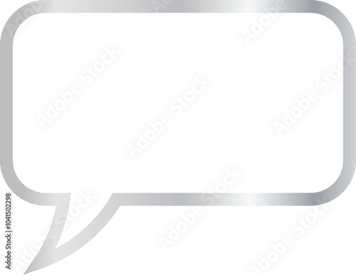 16x9 aspect ratio rectangular silver metallic speech bubble with rounded corners. Blank outline talk balloon with distinctive curved tail pointing to the left on transparent background.	
