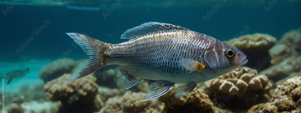 A fish swims in clear waters near coral formations, panorama, banner with copy space for text A fish swims in clear waters near coral formations, panorama, banner with copy space for text