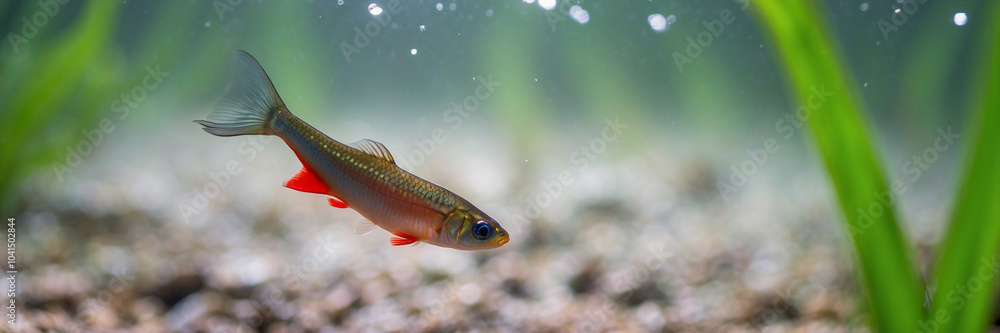 neon tetra fish, tropical fish on panoramic water background, underwater banner with copy space neon tetra fish, tropical fish on panoramic water background, underwater banner with copy space