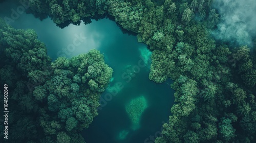 Serene Aerial View of Lush Green Forest and Lake