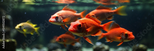 Red goldfish swim in an aquarium