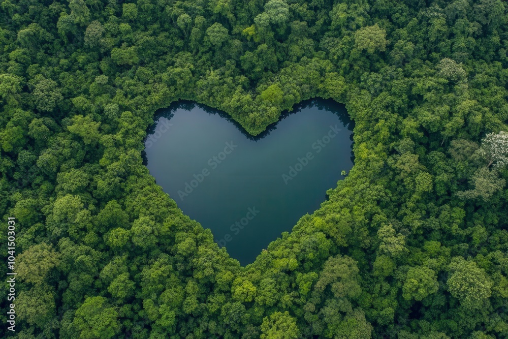 A heart-shaped lake in the middle of a dense forest, symbolizing the connection between humans and nature A heart-shaped lake in the middle of a dense forest, symbolizing the connection between humans and nature