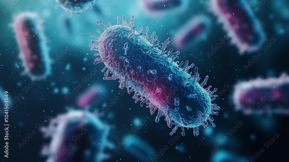Close-up of microscopic bacteria in vibrant colors on a dark background. Close-up of microscopic bacteria in vibrant colors on a dark background.
