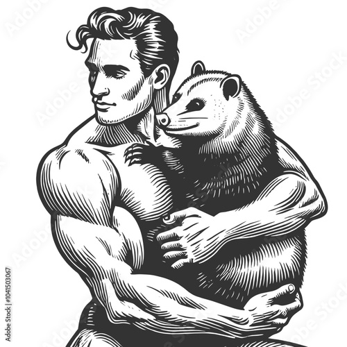muscular man holding an opossum, an unusual and humorous combination of strength and nature sketch engraving generative ai vector illustration. Scratch board imitation. Black and white image.