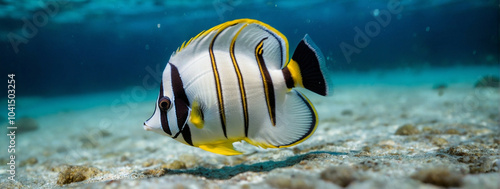 adorable butterflyfish swimming in the ocean, panorama, underwater web banner with copy space photo