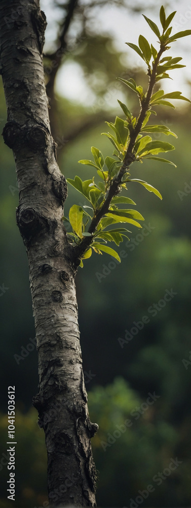 Fototapeta premium a tree branch with small green leaves against a blurry background