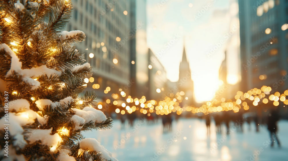 Fototapeta premium beautifully decorated Christmas tree with lights stands in foreground, while bustling city street is illuminated by soft, warm lights in background, creating festive atmosphere