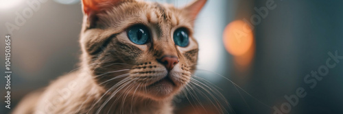 Surprised cat with big blue eyes gazes curiously in a cozy indoor setting, panorama, banner with copy space for text photo