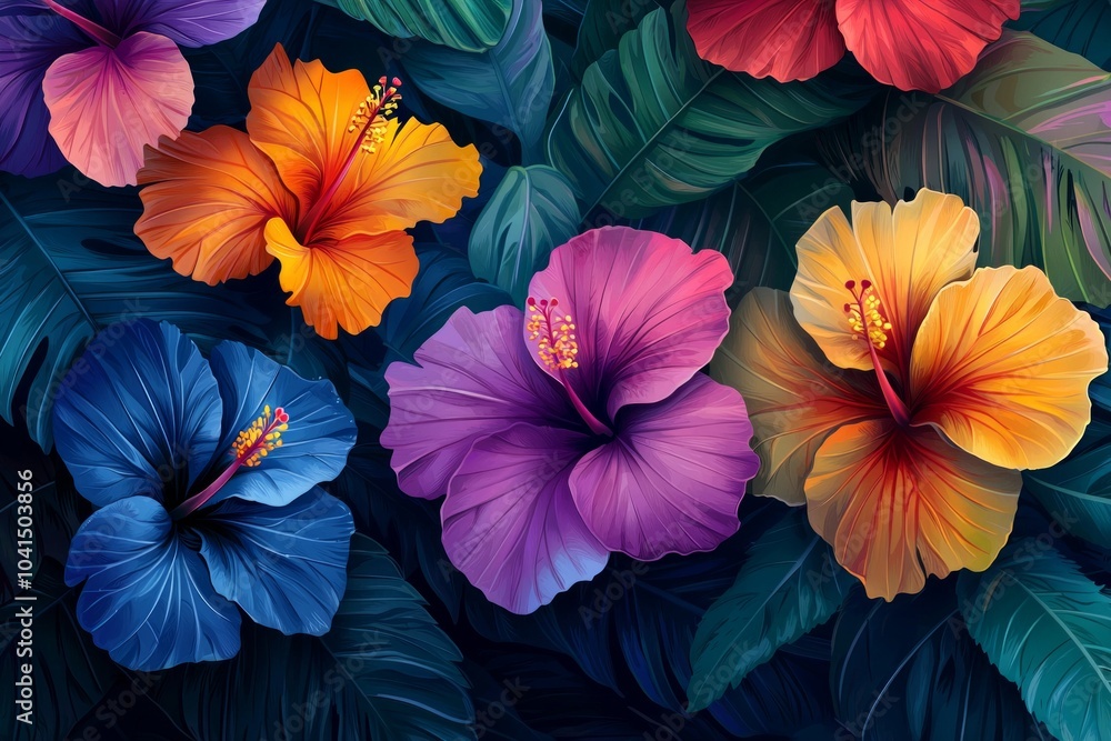 Colorful hibiscus flowers with leaves, in a fantasy art style Colorful hibiscus flowers with leaves, in a fantasy art style