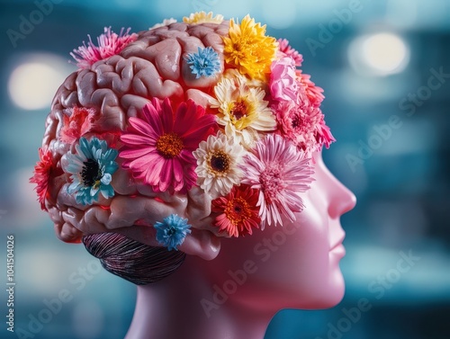 An artistic representation of a human brain adorned with bright, colorful flowers, symbolizing creativity and the flourishing potential of the human mind. photo