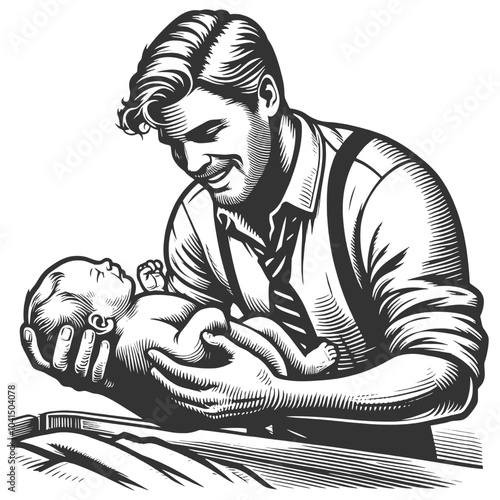 smiling father in a suit cradling his newborn baby, representing paternal love, care, and family bond sketch engraving generative ai vector illustration. Scratch board imitation. Black and white image