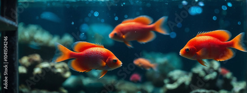 Red goldfish swim in a clear tank