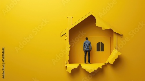 Wallpaper Mural Real estate for sale, yellow background template. Man ripped yellow paper with house silhouette. Concept for Real estate for sale. Place for text or image. Vector available Torontodigital.ca