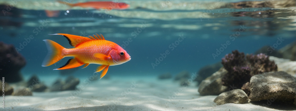 anthias fish, tropical fish on panoramic water background, underwater web banner with copy space anthias fish, tropical fish on panoramic water background, underwater web banner with copy space