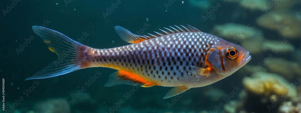 A small colorful fish swimming in clear water with blurred bokeh backdrop, panorama, banner with copy space for text A small colorful fish swimming in clear water with blurred bokeh backdrop, panorama, banner with copy space for text